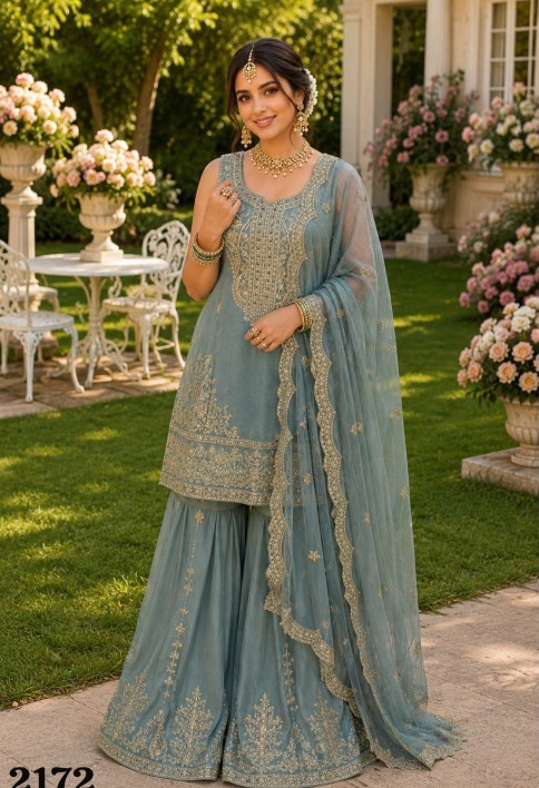 Aqua Blue Silk Beads, Diamond, Embroidered and Sequins Work Salwar Suit for Ceremonial